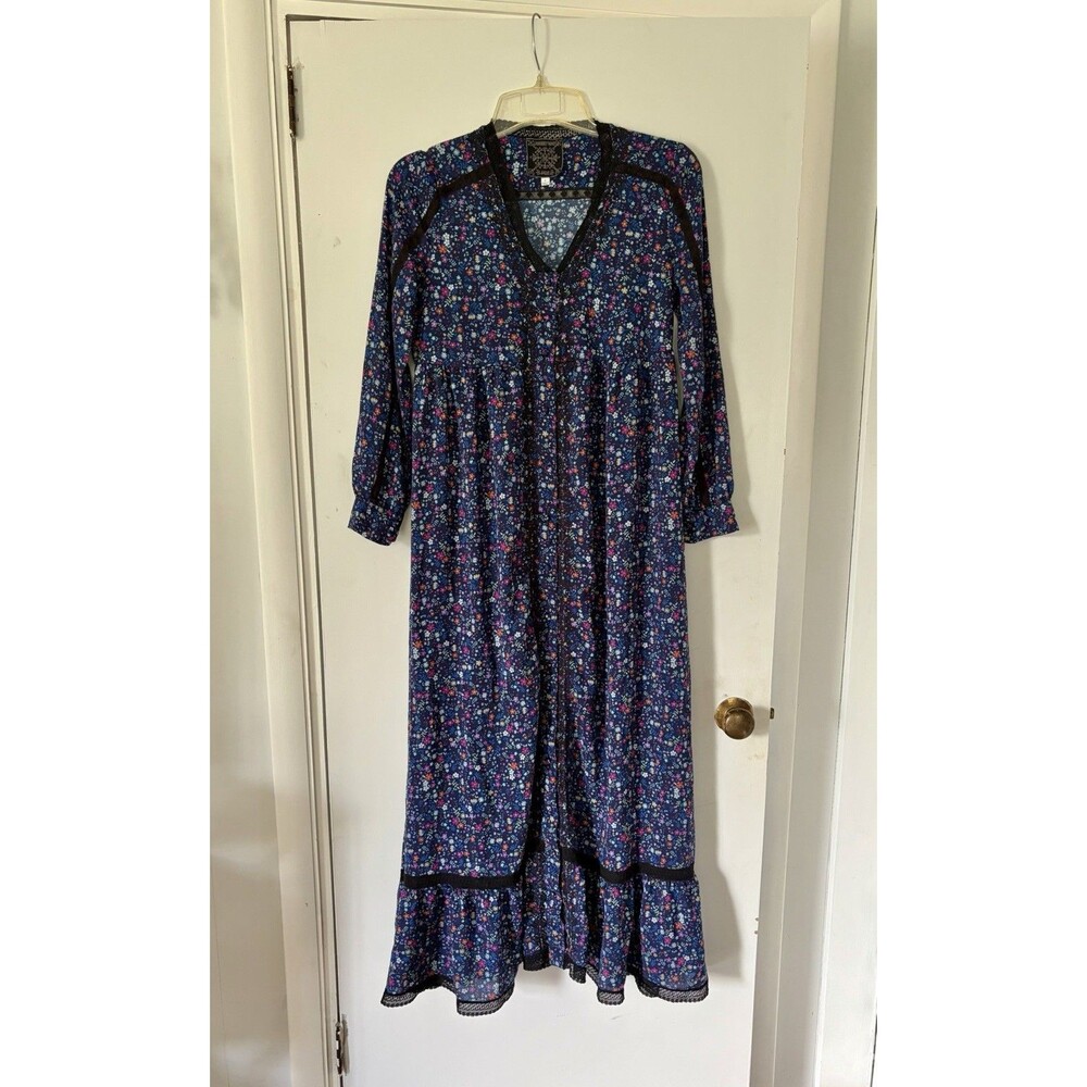 Johnny Was Jade Blue Floral Catalina Lace Trim Embroidered Maxi Prairie Dress S
